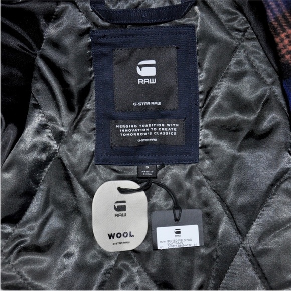 G-STAR // padded fieldcoat belted blue orange tartan plaid wool blend - Picture 13 of 15